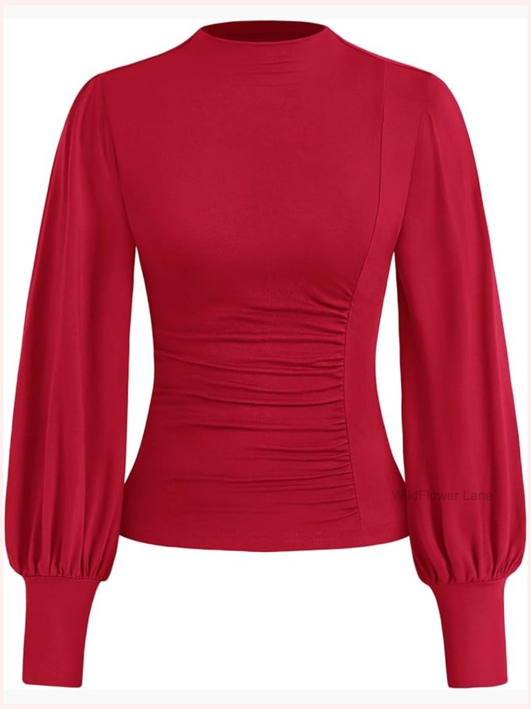 Dressy Mock Neck Ruched Puff Long Sleeve Blouse Top Slim Fit Tunic